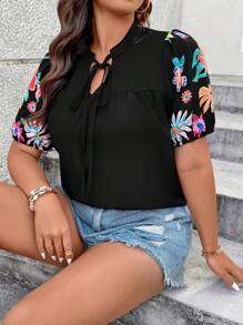 SHEIN LUNE Plus Size Floral Print Splice Cutout Collar Puff Sleeve Shirt, Casual Vacation Top