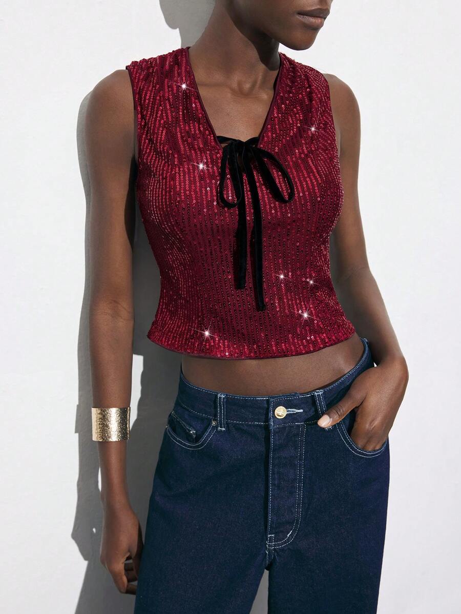 Maija Women's Sleeveless Sequin Bow Decorated Cropped Tank Top, Fashionable Party Wear For Summer - Burgundy - View 1