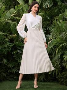 Modelyn Blusa da donna a manica lunga con colletto asimmetrico, in pizzo a motivo di girasole - Bianco - Visualizzare 6