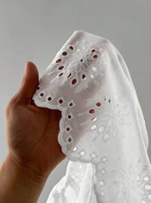 Flirla Plus Size Casual Solid Color Hollow Out Embroidery Top And Shorts Set - White - View 7