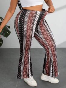 SHEIN PETITE CURVE Pantalones holgados casuales con estampado floral pequeño para mujer de tallas grandes