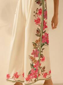 CAJUNI Women's Casual Summer Sleeveless Boho Tropical Floral Print Beige Wide Leg Jumpsuit