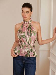 Revavyn 2025 粉色绿色花卉褶饰领口浪漫复古优雅女士上衣波西米亚风度假时尚风格全身印花 - 彩色 - 查看 6