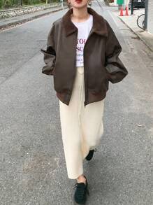 FRIFUL 女士长袖夹克，前拉链，带口袋，仿羊羔绒领拼接，秋冬季皮夹克 - 棕色 - 查看 2