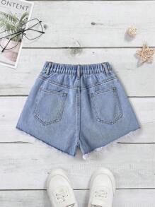 青少年女孩口袋破洞磨边休闲牛仔短裤 - 中等水洗藍 - 查看 2