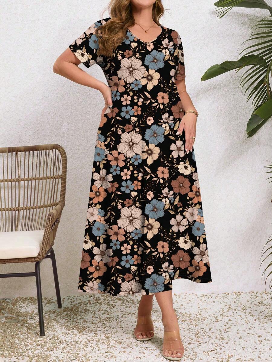 EMERY ROSE Đầm tay ngắn cổ chữ V thường ngày cỡ lớn dành cho nữ, phù hợp cho mùa hè - màu đen - Xem 1