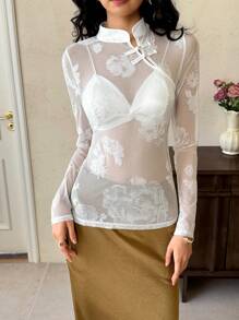 EastFlair Blusa de manga larga con pliegues y patrón floral en malla, estilo oriental