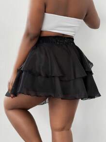 Maweii Falda corta de mujer talla grande de unicolor con parches de malla y volantes en el bajo