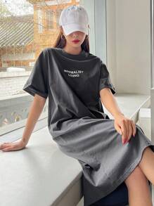 DAZY 字母图案落肩 T 恤连衣裙太阳裙 - 深灰色 - 查看 5