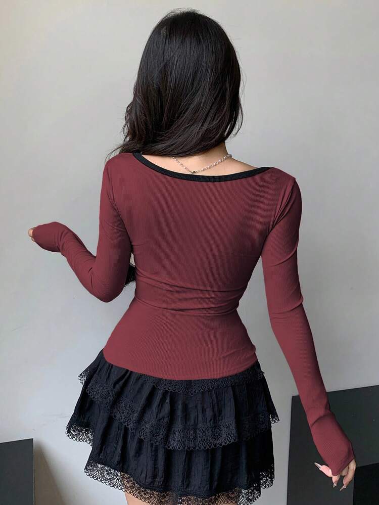 Women's Autumn Patchwork Color Block Bowknot Decor Fitted T-Shirt Long Sleeve Women Tops