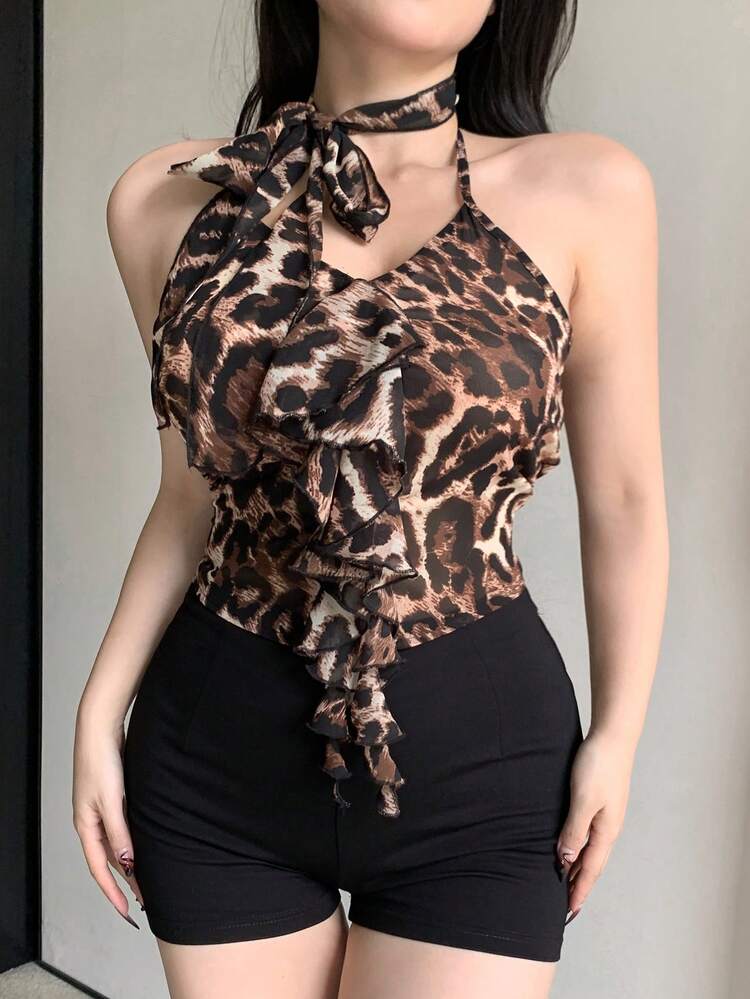 Leopard Print Chiffon Sleeveless Shirt, Ruffled Trim Spliced Backless Sexy Fitted Tank Top For Women