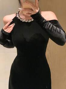 DAZY 女式露肩长袖水晶装饰连衣裙优雅秋装 - 黑色 - 查看 2