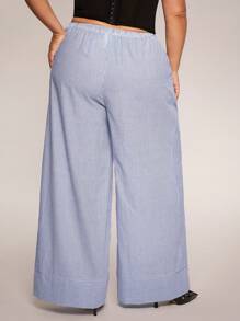 SHEIN BAE Pantalones casuales a rayas azules y blancas de talla grande con lazo, adecuados para uso diario, ir a trabajar, salir, citas, té de la tarde, vacaciones, primavera/verano - Azul y blanco - Ver 6