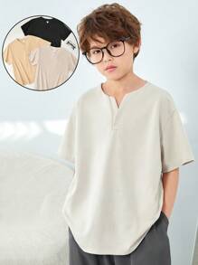 SHEIN 3pcs Kids Tween Boy Beige Summer Casual School Back-To-School Japanese Style V-Neck Pullover Short Sleeved Loose Knit T-Shirt Multi Piece Set - Multicolor - View 1