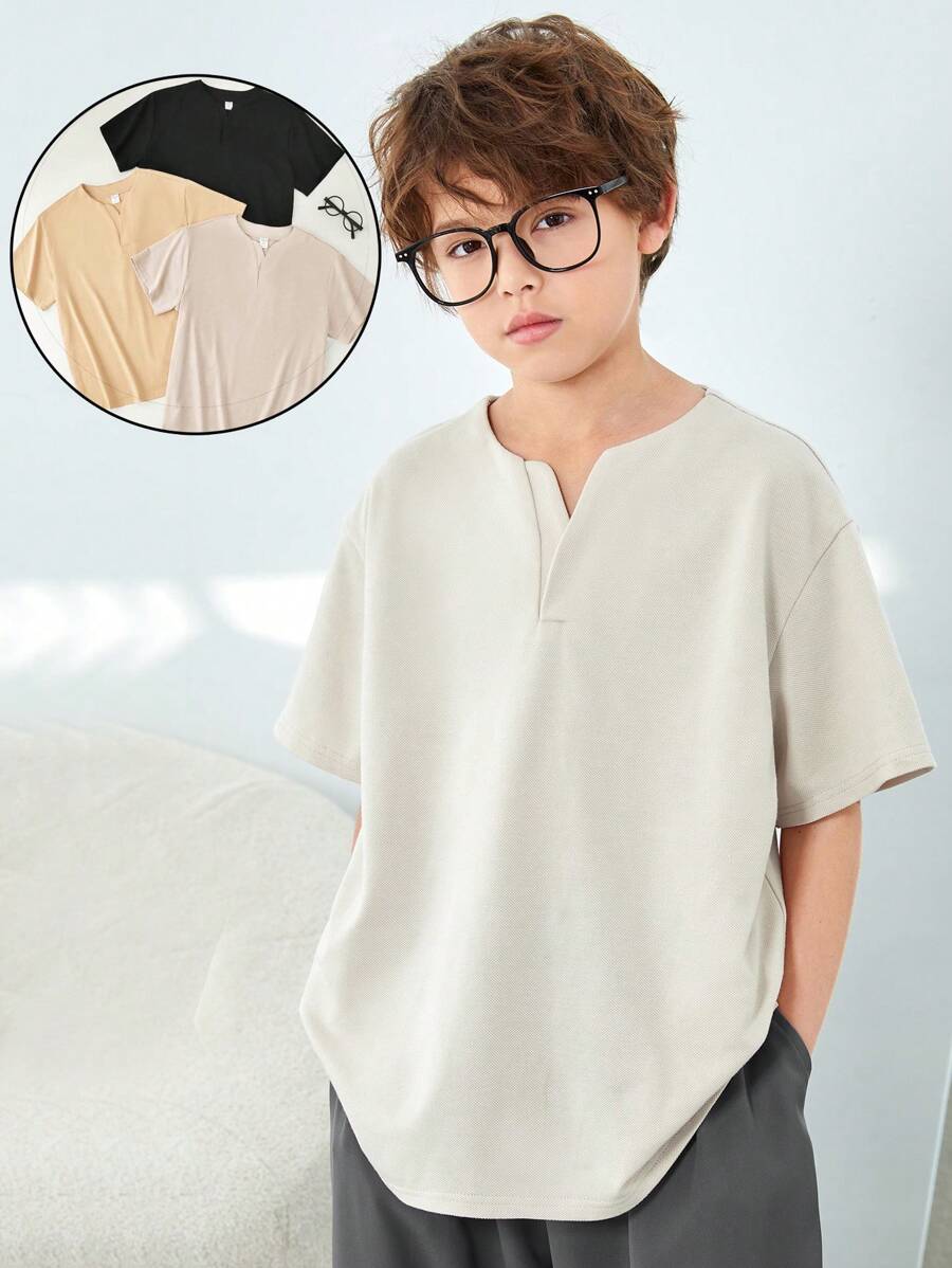 SHEIN 3pcs Kids Tween Boy Beige Summer Casual School Back-To-School Japanese Style V-Neck Pullover Short Sleeved Loose Knit T-Shirt Multi Piece Set - Multicolor - View 1