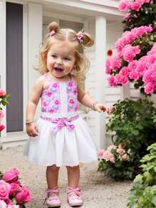 Baby Girls' Sleeveless Floral Print Tank Top & A-Line Bowknot Skirt 2 Pieces Set, Summer - White - View 6
