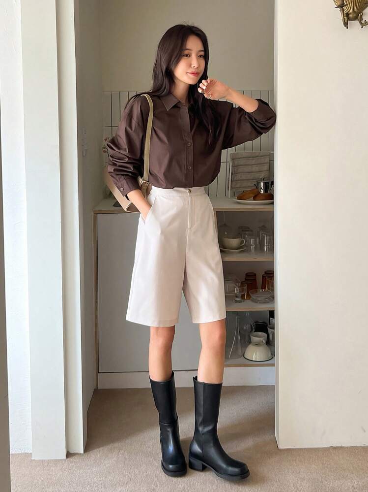 DAZY חולצה גדולה עם כתף נפתחת ומכסה, חולצות עם שרוולים ארוכים, בגדי סתיו - חום שוקולד - ראה 4