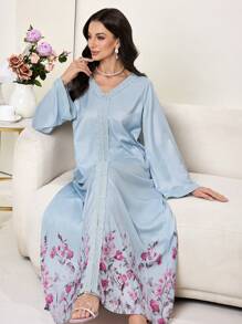 Al Najma Vestido modesto de estilo árabe con impresión floral, patchwork y cuello en V de manga larga con cinta