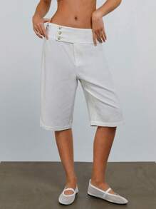 Athîral Women's Cream Line Look Waist Button Design Casual Bermuda Shorts - Apricot - View 5