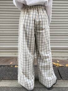 FRIFUL Women's Plaid Mesh Panel Ruffle Hem Decorative Ankle Length Pants Fall