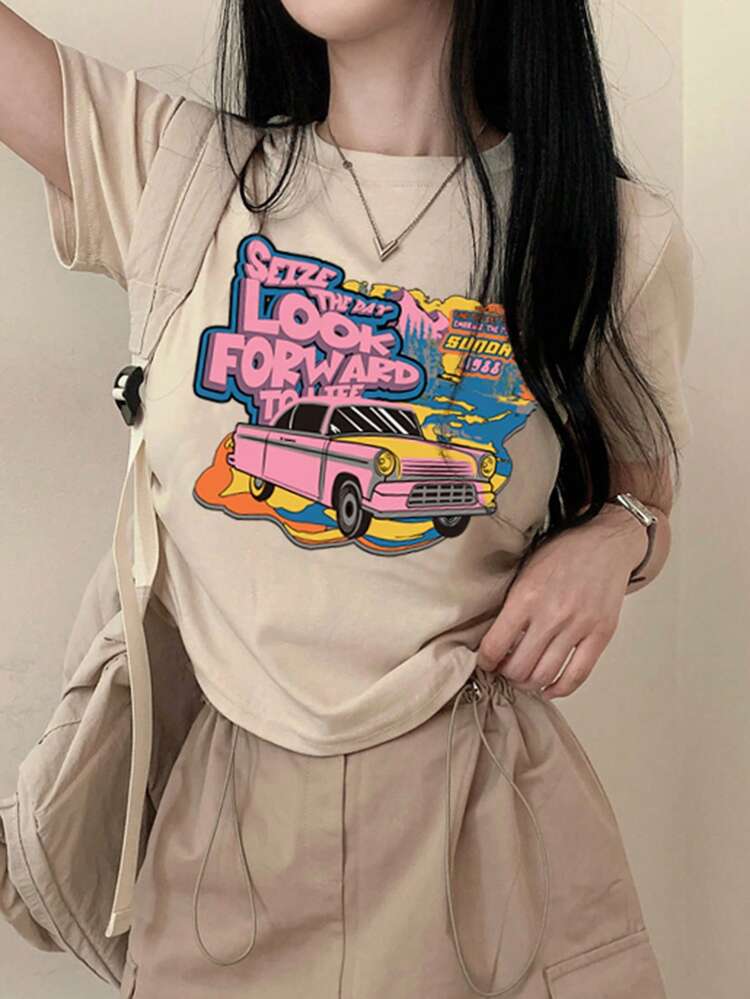 Women's Car & Letter Printed T-Shirt,Graphic Tees,Teacher Outfits