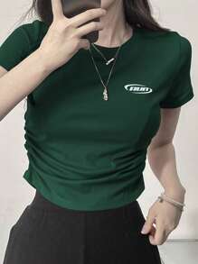 DAZY Camiseta de mujer de unicolor con estampado, cuello redondo y diseño de pliegues en la cintura, top corto para mujer en verano, Pascua - Verde - Ver 5