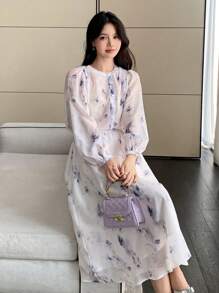 DAZY 2 Stück/Set Damen Blume Muster Rundhals Puffärmel Bluse mit Gürtel & Rock, Herbst Damenkleidung - Blau - Übersicht 8