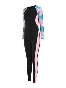 SHEIN 少女新款春夏季泳衣，黑色拼色设计搭配粉色侧面撞色，热带花卉和树叶印花，长袖连体泳衣，防晒，适合游泳、度假、冲浪、运动装风格，少女运动泳衣