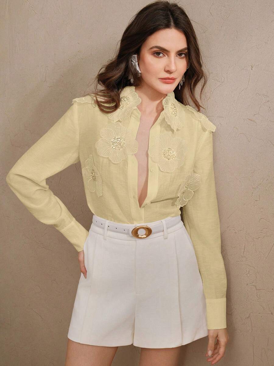 Anewsta 女士立领长袖衬衫，3D 串珠刺绣，透明时尚