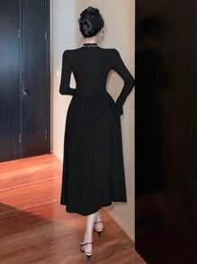 DAZY Women High Neck Fitted Mid-Length Dress, Autumn/Winter, Birthday ,New Year Eve Prom Dress,Fall Women Clothes Long Sleeve Dress Elegant Women Dresses - Black - View 8