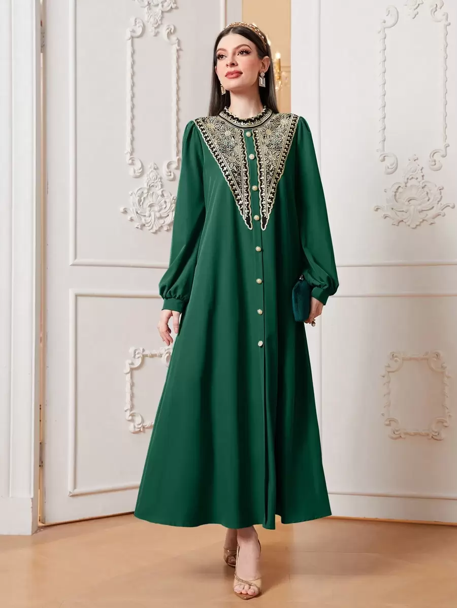 Al Najma Elegant Floral Embroidered Long Arabian Dress - Dark Green - View 1