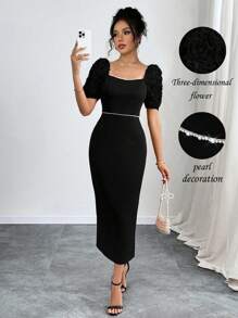 Elenzga Women's Elegant Square Neck Party Romantic Rose 3D Flower Puff Sleeve Pearl Decor Waist Fitted Midi Dress, Spring/Summer - Black - View 1