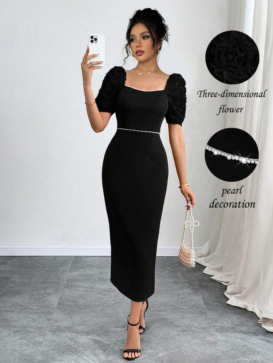 Elenzga Women's Elegant Square Neck Party Romantic Rose 3D Flower Puff Sleeve Pearl Decor Waist Fitted Midi Dress, Spring/Summer - Black - View 1