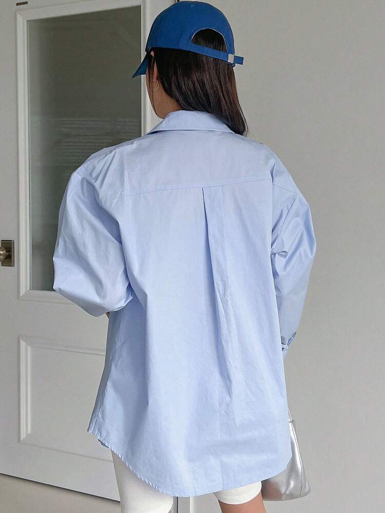 Solid Drop Shoulder Button Up Oversized Shirt,Fall Clothes Long Sleeve Top