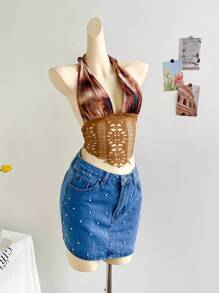 Soleia 女士度假复古扎染地质印花系带前网眼嵌合修身背心，夏季 - 彩色 - 查看 7