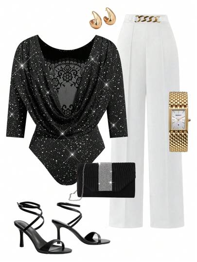 Ellevyn 女士优雅性感黑色低胸垂领蕾丝拼接短袖修身紧身衣