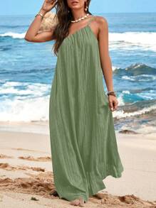 SHEIN VCAY Vacation Casual Solid Color Textured Asymmetric Dress Green - Mint Green - View 3