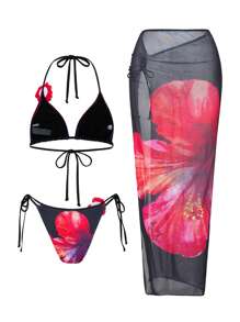 SHEIN Swim Summer Beach Outfits For Women, 3pcs/Set Including Floral Print Halter Neck Backless Top, Side Tie Bikini Bottom, And Side Slit Long Beach Skirt - Multicolor - View 7