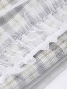 FRIFUL Women's Plaid Mesh Panel Ruffle Hem Decorative Ankle Length Pants Fall