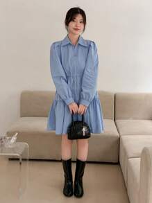 Solid Puff Sleeve Ruffle Hem Shirt Dress,Fall Dress Long Sleeve Dress - Blue - View 3