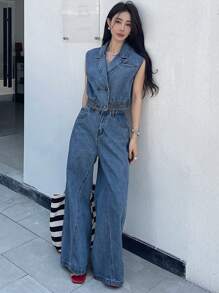 DAZY 1 Set Women Washed Denim Cropped Vest And Wide Leg Pants - Medium Wash - View 6