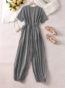 SHEIN LUNE Women's Plaid Button Decor Round Neck Short Sleeve Casual Jumpsuit - Black and White - View 2