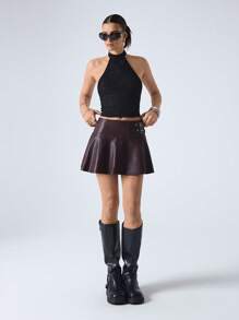 LYSMO 女士可调节孔眼扣设计时尚 PU 皮革短裙