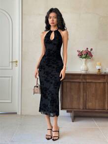 EastFlair 女士优雅花卉植绒透明露背挂脖中长连衣裙