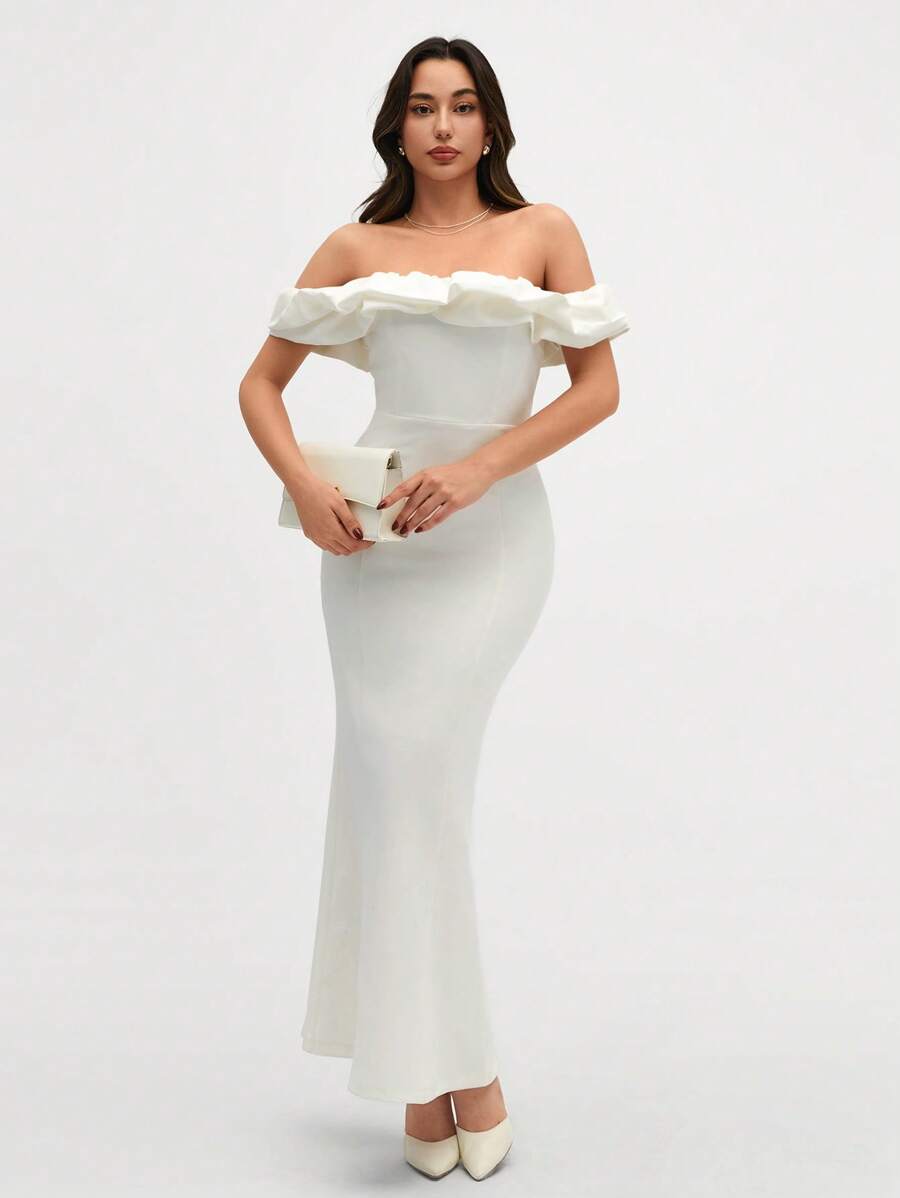 CLARA VERO Two Tones Off Shoulder Ruffle Trim Bodycon Dress, Elegant Dress - White - View 1
