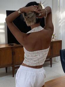 Livesso 女式无袖花卉印花短款上衣，夏季修身休闲背心，露背上衣 - 杏色 - 查看 2