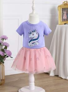Baby Girls Sweet Unicorn Print Knitted Short Sleeve Top And Embroidered Rainbow Skirt 2 Pieces Set, Summer - Pink - View 2