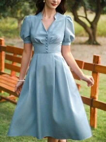 Vintamour 复古优雅女装 带口袋纽扣 休闲通勤度假连衣裙 女士夏季服装 女士度假服装 女士夏季连衣裙 女士沙滩服装 女士生日服装 女士婚礼宾客服装 女士复活节春季连衣裙 夏季服装 女士春季服装 女士复活节连衣裙 女士生日服装 春假女士太阳连衣裙 女士优雅连衣裙 - 藍色 - 查看 3