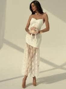 Aloruh Vestido de novia de encaje blanco con volantes ajustados hasta el piso, sin mangas, para primavera/verano - Blanco - Ver 7