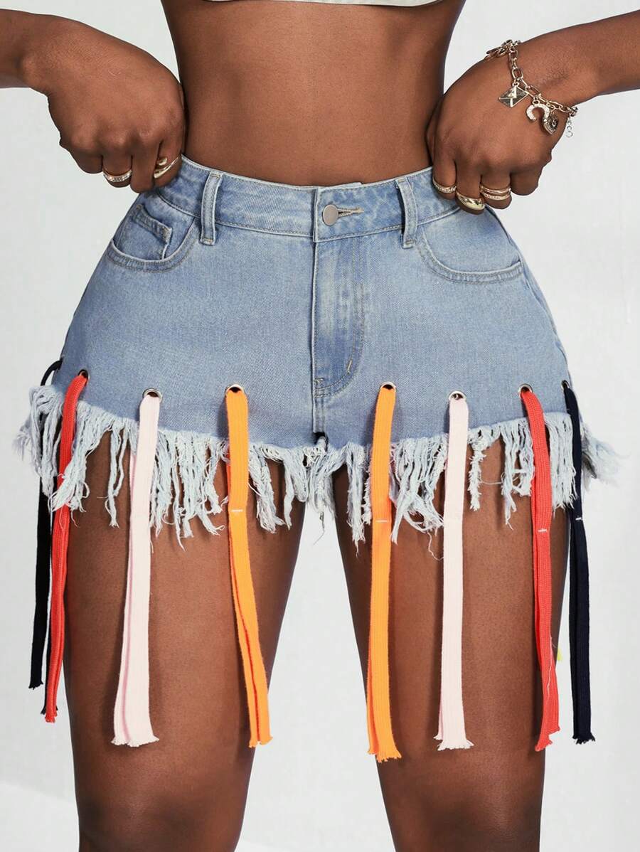 Slaydiva 女式夏季时尚流苏下摆牛仔短裤 - 藍色 - 查看 1